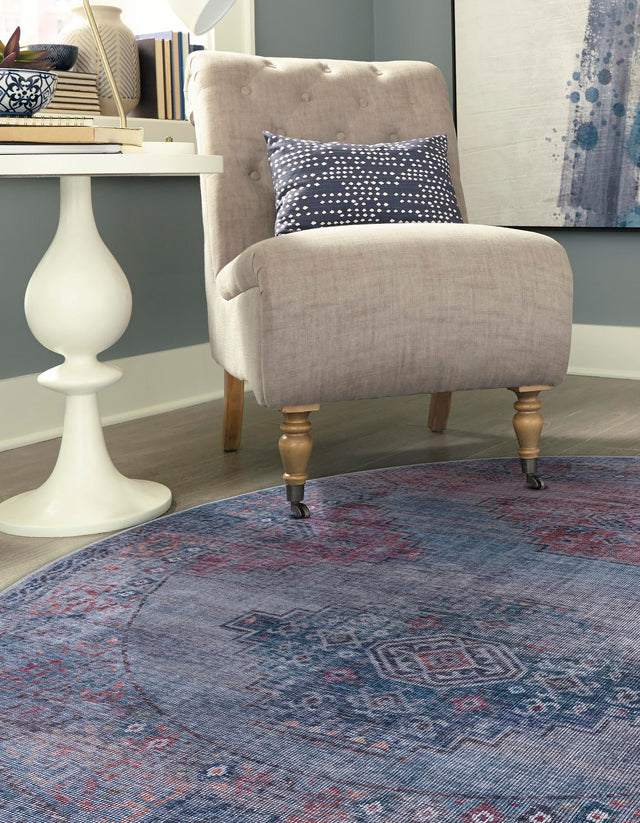 Washable Antique Blue 7' 10 x 7' 10 Sisu Round Area Rug Easy to Clean Stain Resistant & Durable Polyester Chenille Distressed Vintage Look Carpet for Sale at Rug Engine