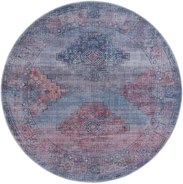 Washable Antique Blue 7' 10 x 7' 10 Sisu Round Area Rug Easy to Clean Stain Resistant & Durable Polyester Chenille Distressed Vintage Look Carpet for Sale at Rug Engine
