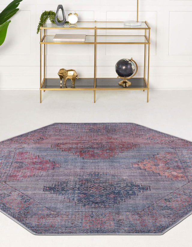 Washable Antique Blue 7' 10 x 7' 10 Sisu Octagon Area Rug Easy to Clean Stain Resistant & Durable Polyester Chenille Distressed Vintage Look Carpet for Sale at Rug Engine