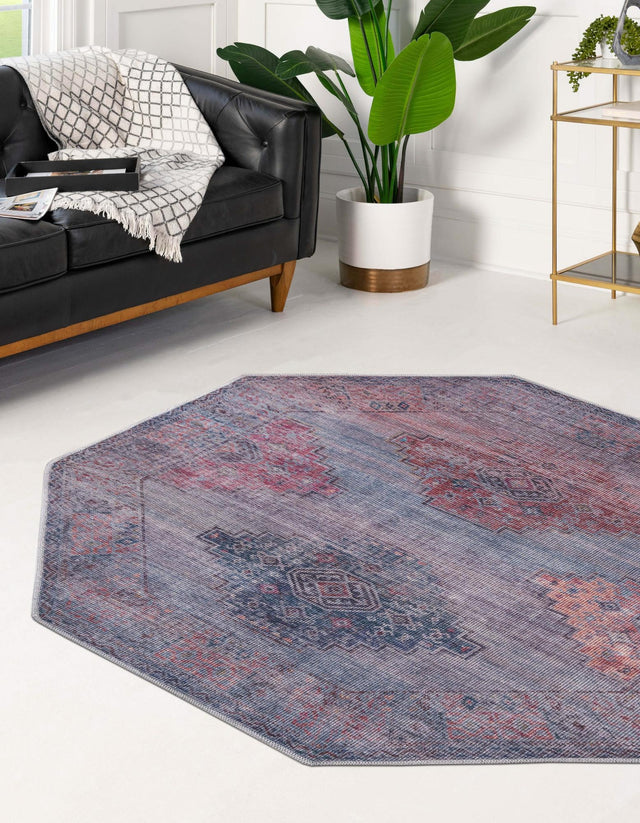 Washable Antique Blue 5' 3 x 5' 3 Sisu Octagon Area Rug Easy to Clean Stain Resistant & Durable Polyester Chenille Distressed Vintage Look Carpet for Sale at Rug Engine