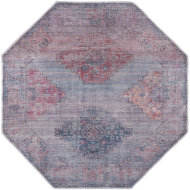 Washable Antique Blue 5' 3 x 5' 3 Sisu Octagon Area Rug Easy to Clean Stain Resistant & Durable Polyester Chenille Distressed Vintage Look Carpet for Sale at Rug Engine