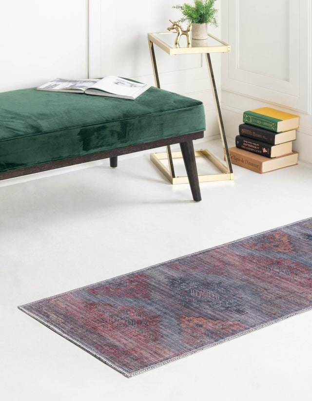 Washable Antique Blue 2' x 10' Sisu Runner Area Rug Easy to Clean Stain Resistant & Durable Polyester Chenille Distressed Vintage Look Carpet for Sale at Rug Engine