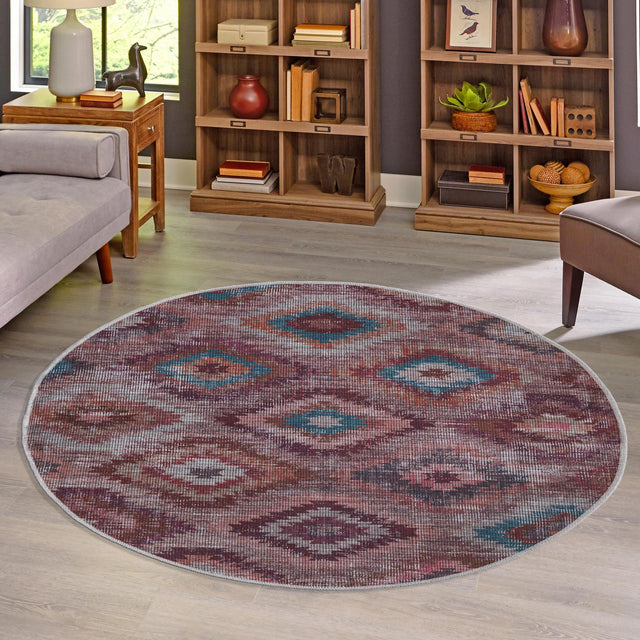 Washable Terracotta 7' 10 x 7' 10 Sisu Round Area Rug Easy to Clean Stain Resistant & Durable Polyester Chenille Distressed Vintage Look Carpet for Sale at Rug Engine