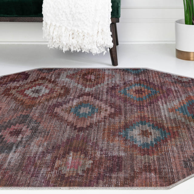 Washable Terracotta 7' 10 x 7' 10 Sisu Octagon Area Rug Easy to Clean Stain Resistant & Durable Polyester Chenille Distressed Vintage Look Carpet for Sale at Rug Engine