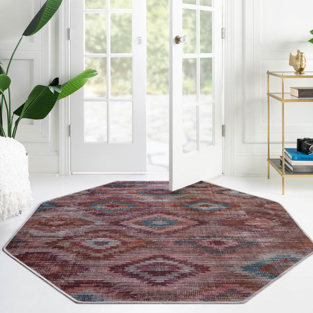 Washable Terracotta 7' 10 x 7' 10 Sisu Octagon Area Rug Easy to Clean Stain Resistant & Durable Polyester Chenille Distressed Vintage Look Carpet for Sale at Rug Engine