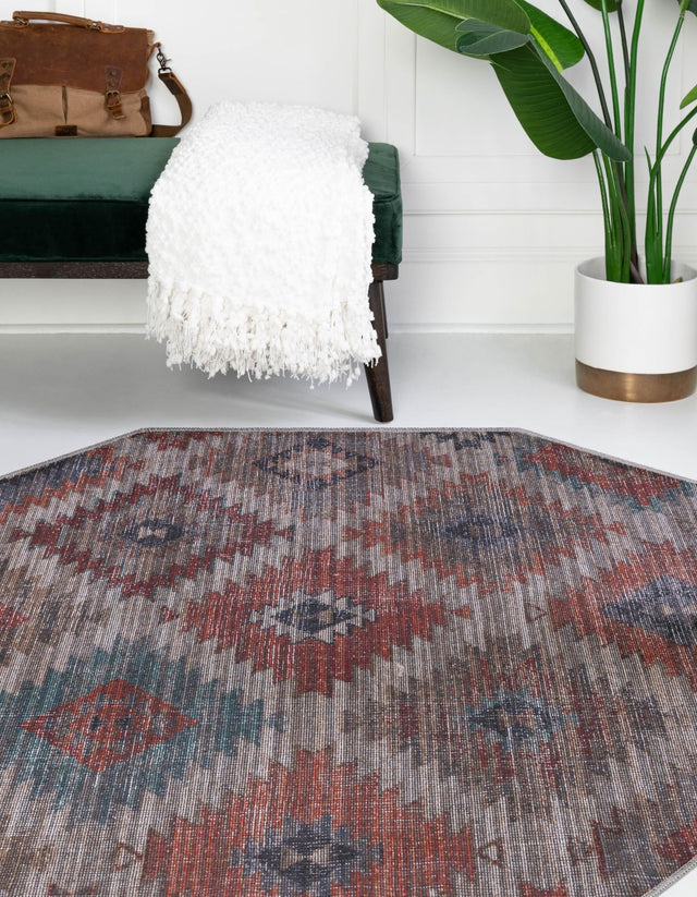 Washable Rust red and Beige 5' 3 x 5' 3 Sisu Octagon Area Rug Easy to Clean Stain Resistant & Durable Polyester Chenille Distressed Vintage Look Carpet for Sale at Rug Engine