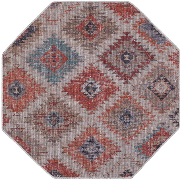 Washable Rust red and Beige 5' 3 x 5' 3 Sisu Octagon Area Rug Easy to Clean Stain Resistant & Durable Polyester Chenille Distressed Vintage Look Carpet for Sale at Rug Engine