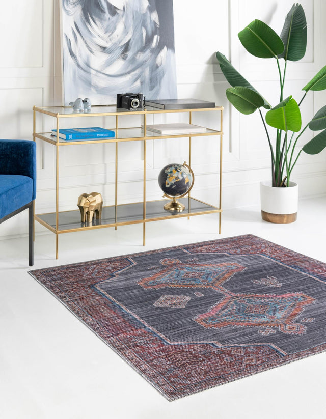 Washable Charcoal and Gray 7' 10 x 7' 10 Sisu Square Area Rug Easy to Clean Stain Resistant & Durable Polyester Chenille Distressed Vintage Look Carpet for Sale at Rug Engine