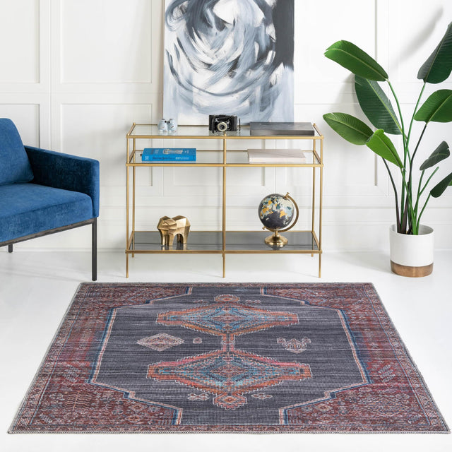 Washable Charcoal and Gray 7' 10 x 7' 10 Sisu Square Area Rug Easy to Clean Stain Resistant & Durable Polyester Chenille Distressed Vintage Look Carpet for Sale at Rug Engine