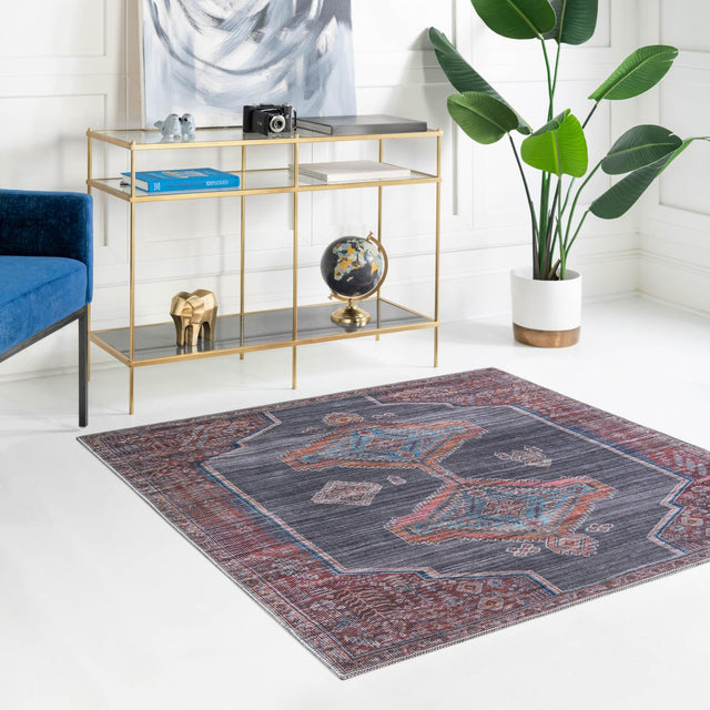 Washable Charcoal and Gray 7' 10 x 7' 10 Sisu Square Area Rug Easy to Clean Stain Resistant & Durable Polyester Chenille Distressed Vintage Look Carpet for Sale at Rug Engine