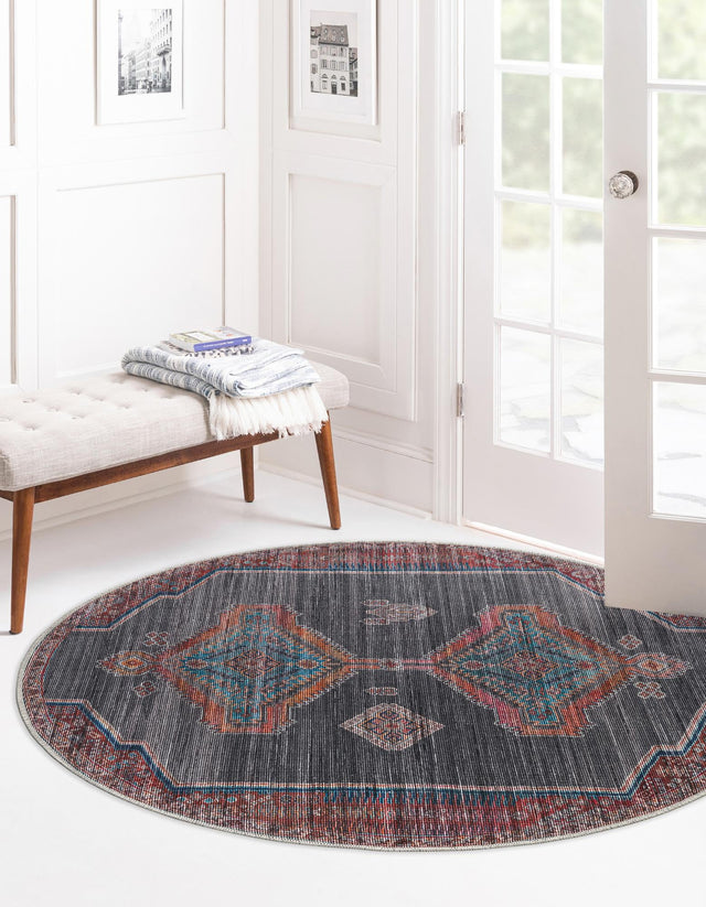 Washable Charcoal and Gray 7' 10 x 7' 10 Sisu Round Area Rug Easy to Clean Stain Resistant & Durable Polyester Chenille Distressed Vintage Look Carpet for Sale at Rug Engine