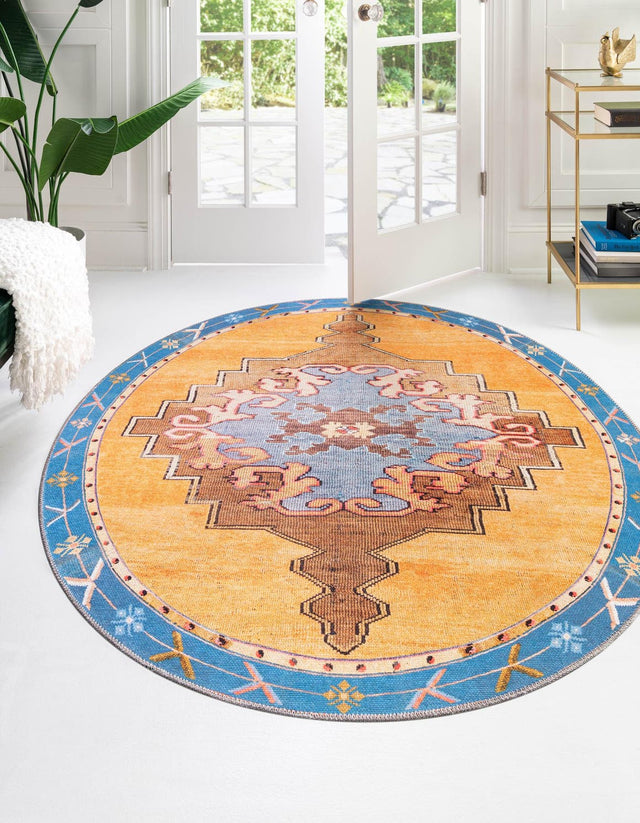 Washable Orange 7' 7 x 7' 7 Timeless Round Area Rug Easy to Clean Stain Resistant & Durable Traditional Classic Vintage Design Carpet for Sale at Rug Engine