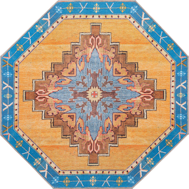 Washable Orange 5' x 5' Timeless Octagon Area Rug Easy to Clean Stain Resistant & Durable Traditional Classic Vintage Design Carpet for Sale at Rug Engine
