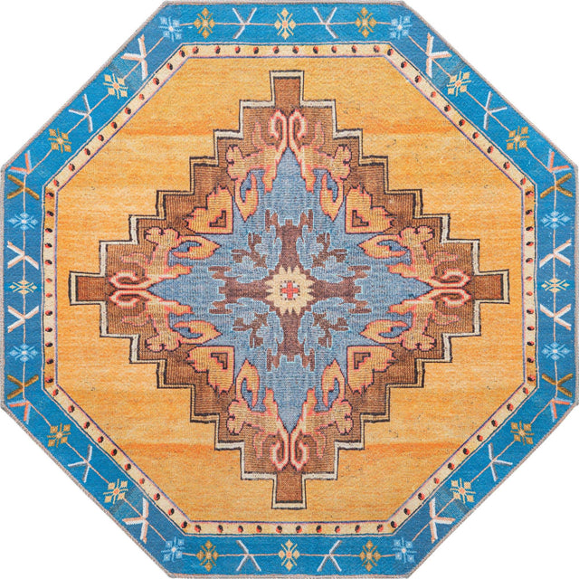 Washable Orange 7' 6 x 7' 6 Timeless Octagon Area Rug Easy to Clean Stain Resistant & Durable Traditional Classic Vintage Design Carpet for Sale at Rug Engine