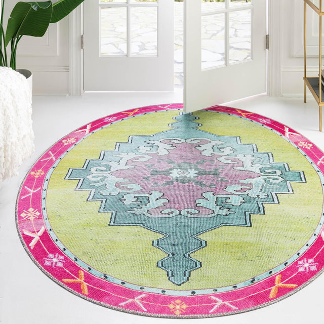 Washable Green 7' 7 x 7' 7 Timeless Round Area Rug Easy to Clean Stain Resistant & Durable Traditional Classic Vintage Design Carpet for Sale at Rug Engine