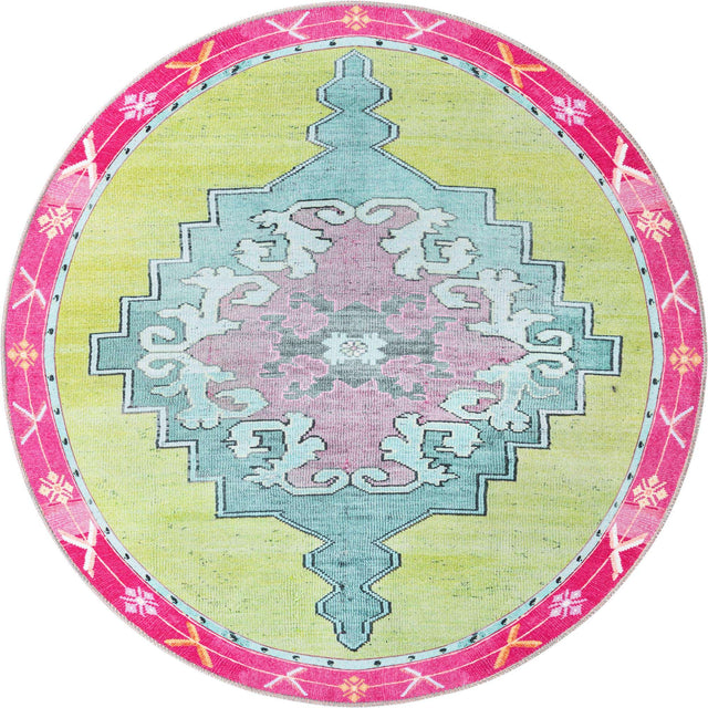 Washable Green 5' x 5' Timeless Round Area Rug Easy to Clean Stain Resistant & Durable Traditional Classic Vintage Design Carpet for Sale at Rug Engine