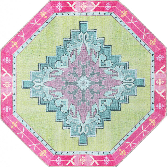 Washable Green 5' x 5' Timeless Octagon Area Rug Easy to Clean Stain Resistant & Durable Traditional Classic Vintage Design Carpet for Sale at Rug Engine
