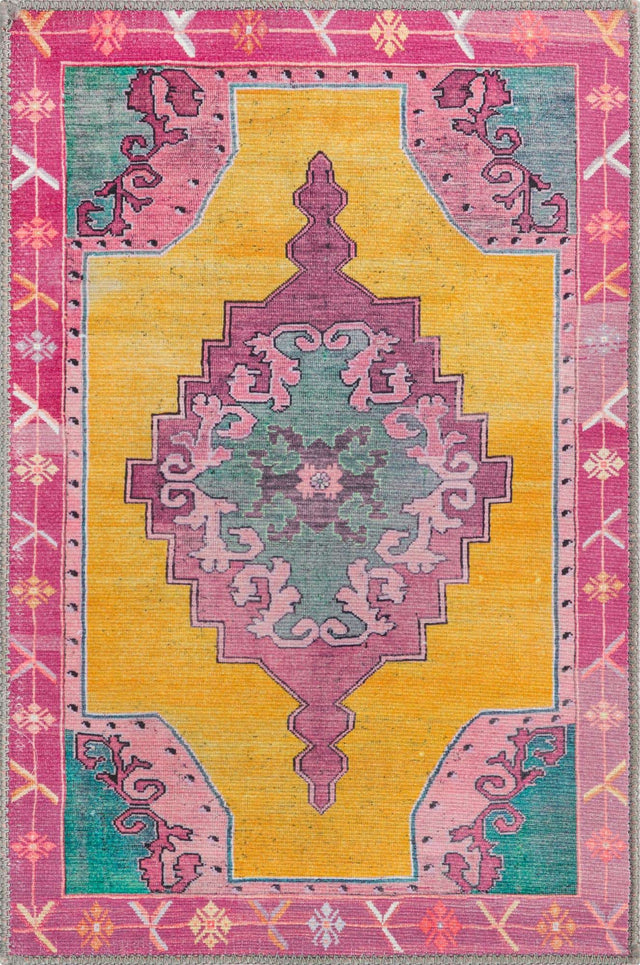 Washable Yellow 2' x 3' Timeless Rectangle Area Rug Easy to Clean Stain Resistant & Durable Traditional Classic Vintage Design Carpet for Sale at Rug Engine