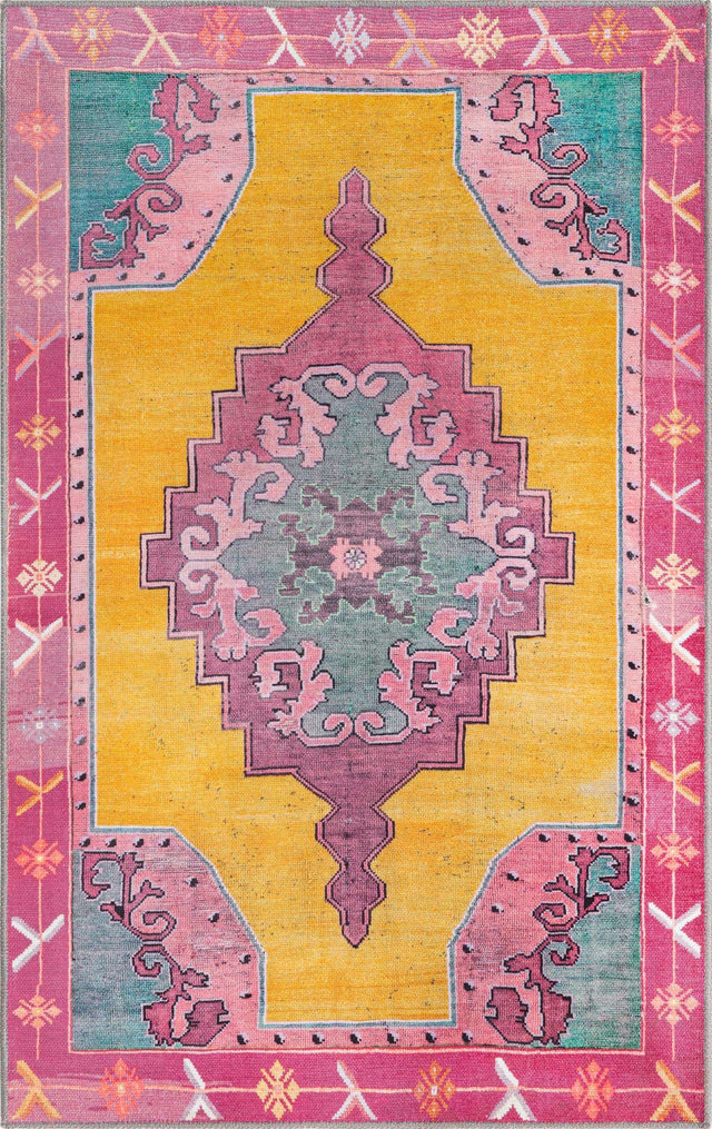 Washable Yellow 3' 6 x 5' 6 Timeless Rectangle Area Rug Easy to Clean Stain Resistant & Durable Traditional Classic Vintage Design Carpet for Sale at Rug Engine