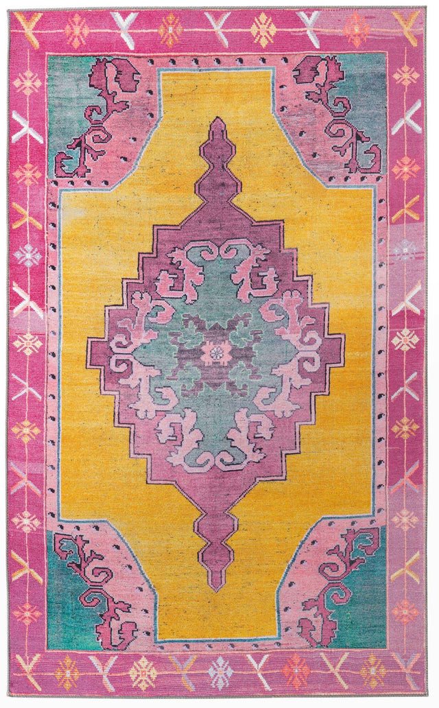 Washable Yellow 5' x 8' Timeless Rectangle Area Rug Easy to Clean Stain Resistant & Durable Traditional Classic Vintage Design Carpet for Sale at Rug Engine