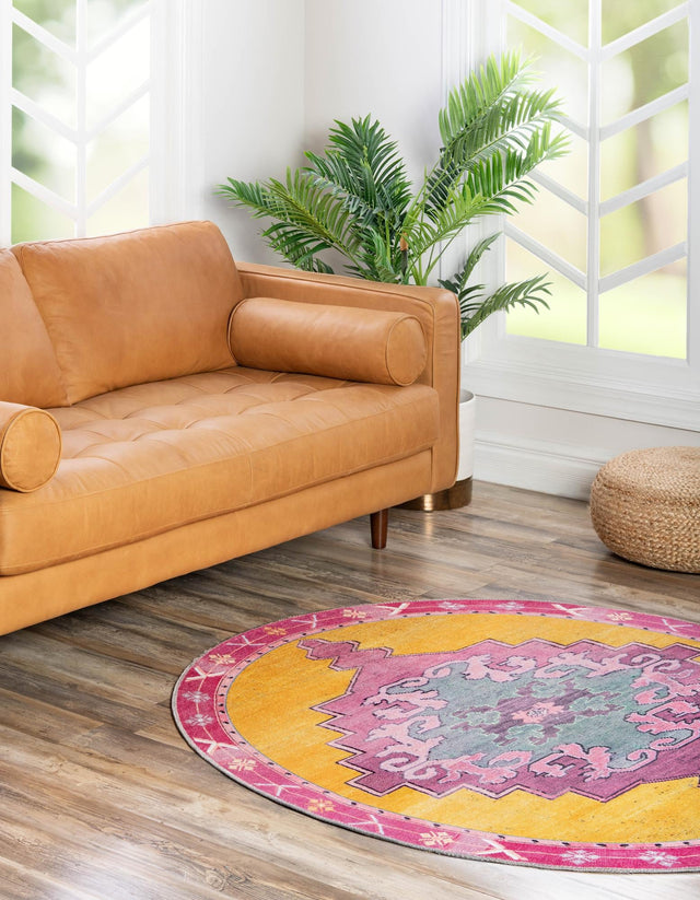 Washable Yellow 3' 6 x 3' 6 Timeless Round Area Rug Easy to Clean Stain Resistant & Durable Traditional Classic Vintage Design Carpet for Sale at Rug Engine