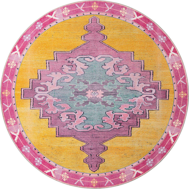 Washable Yellow 7' 7 x 7' 7 Timeless Round Area Rug Easy to Clean Stain Resistant & Durable Traditional Classic Vintage Design Carpet for Sale at Rug Engine
