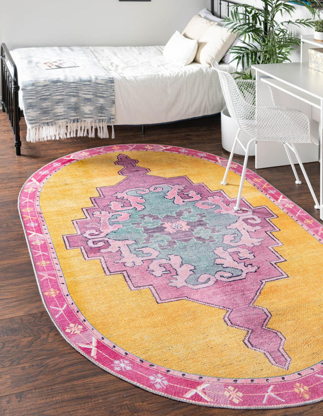 Washable Yellow 2' x 3' 1 Timeless Oval Area Rug Easy to Clean Stain Resistant & Durable Traditional Classic Vintage Design Carpet for Sale at Rug Engine
