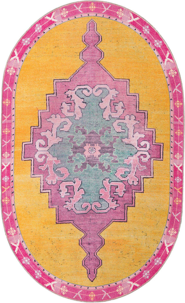 Washable Yellow 5' x 8' Timeless Oval Area Rug Easy to Clean Stain Resistant & Durable Traditional Classic Vintage Design Carpet for Sale at Rug Engine