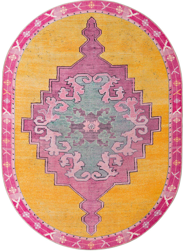 Washable Yellow 7' 6 x 10' 6 Timeless Oval Area Rug Easy to Clean Stain Resistant & Durable Traditional Classic Vintage Design Carpet for Sale at Rug Engine