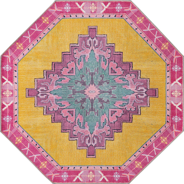 Washable Yellow 5' x 5' Timeless Octagon Area Rug Easy to Clean Stain Resistant & Durable Traditional Classic Vintage Design Carpet for Sale at Rug Engine