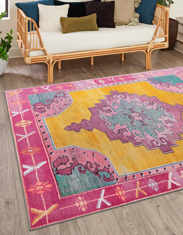 Washable Yellow 7' 6 x 7' 6 Timeless Square Area Rug Easy to Clean Stain Resistant & Durable Traditional Classic Vintage Design Carpet for Sale at Rug Engine