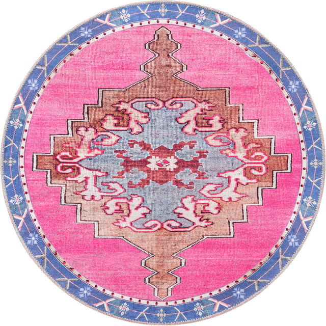 Washable Fuchsia 3' 6 x 3' 6 Timeless Round Area Rug Easy to Clean Stain Resistant & Durable Traditional Classic Vintage Design Carpet for Sale at Rug Engine