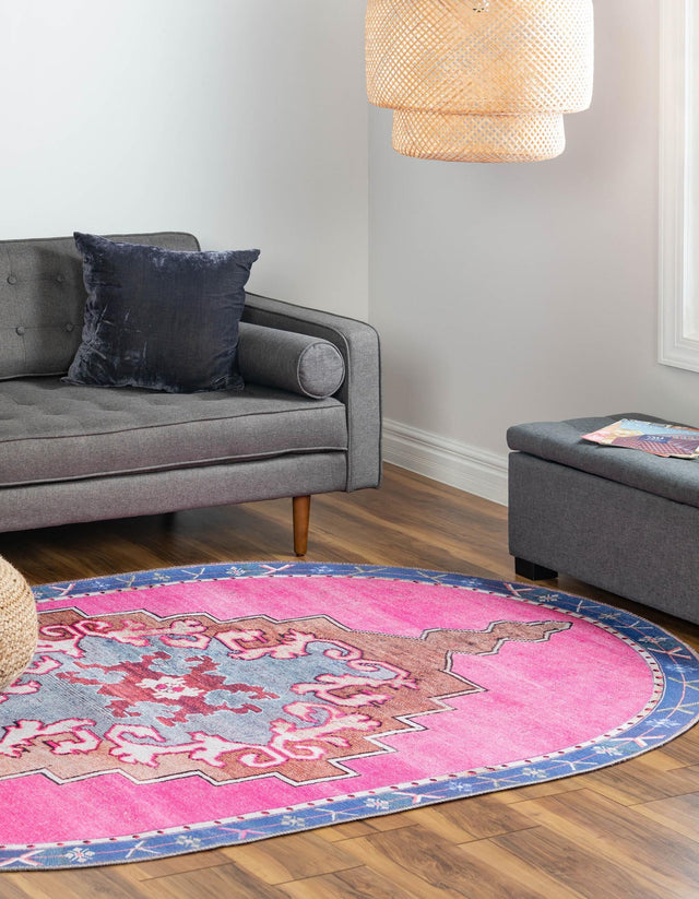 Washable Fuchsia 7' 6 x 10' 6 Timeless Oval Area Rug Easy to Clean Stain Resistant & Durable Traditional Classic Vintage Design Carpet for Sale at Rug Engine