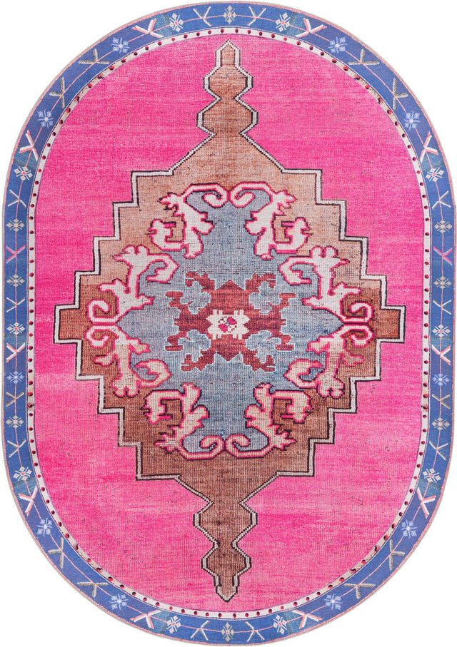 Washable Fuchsia 7' 6 x 10' 6 Timeless Oval Area Rug Easy to Clean Stain Resistant & Durable Traditional Classic Vintage Design Carpet for Sale at Rug Engine