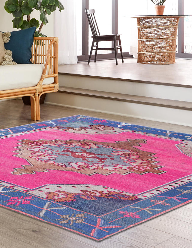 Washable Fuchsia 7' 10 x 7' 10 Timeless Square Area Rug Easy to Clean Stain Resistant & Durable Traditional Classic Vintage Design Carpet for Sale at Rug Engine