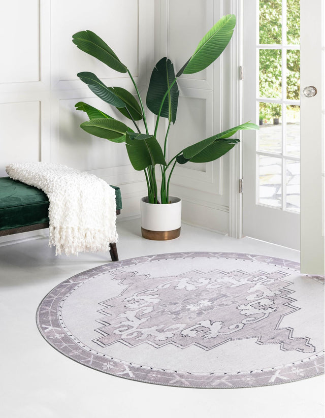 Washable white Gray 3' 6 x 3' 6 Timeless Round Area Rug Easy to Clean Stain Resistant & Durable Traditional Classic Vintage Design Carpet for Sale at Rug Engine