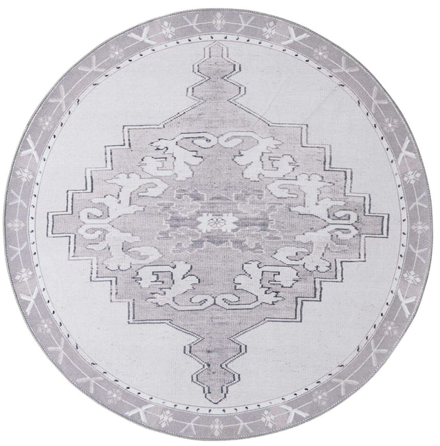 Washable white Gray 5' x 5' Timeless Round Area Rug Easy to Clean Stain Resistant & Durable Traditional Classic Vintage Design Carpet for Sale at Rug Engine