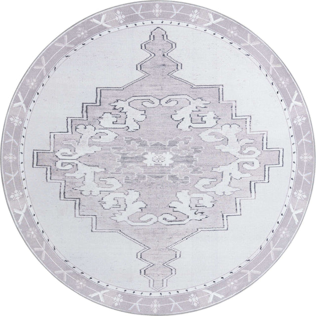 Washable white Gray 7' 7 x 7' 7 Timeless Round Area Rug Easy to Clean Stain Resistant & Durable Traditional Classic Vintage Design Carpet for Sale at Rug Engine