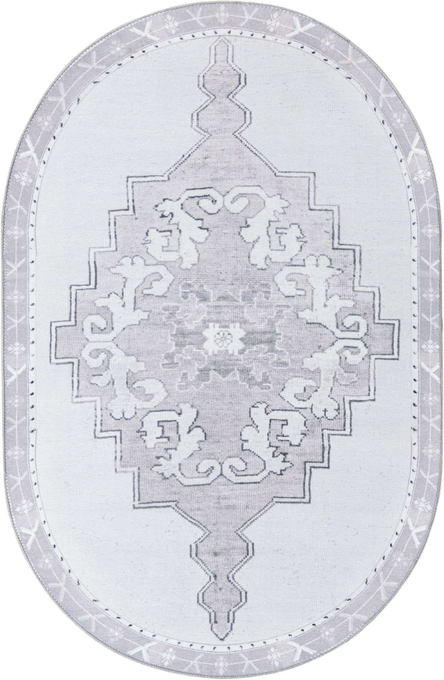 Washable white Gray 4' x 6' Timeless Oval Area Rug Easy to Clean Stain Resistant & Durable Traditional Classic Vintage Design Carpet for Sale at Rug Engine