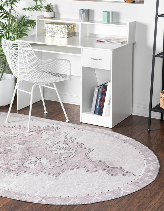 Washable white Gray 5' x 8' Timeless Oval Area Rug Easy to Clean Stain Resistant & Durable Traditional Classic Vintage Design Carpet for Sale at Rug Engine