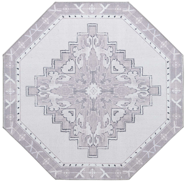 Washable white Gray 5' x 5' Timeless Octagon Area Rug Easy to Clean Stain Resistant & Durable Traditional Classic Vintage Design Carpet for Sale at Rug Engine