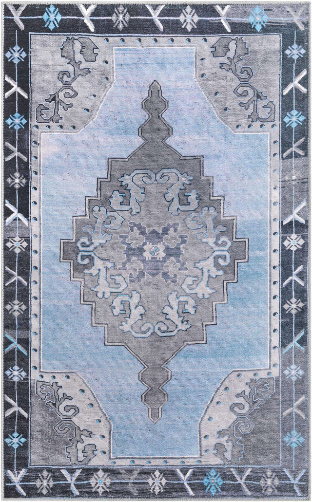 Washable Blue Gray 3' 6 x 5' 6 Timeless Rectangle Area Rug Easy to Clean Stain Resistant & Durable Traditional Classic Vintage Design Carpet for Sale at Rug Engine