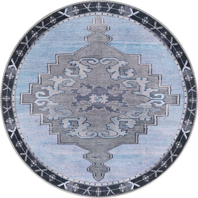 Washable Blue Gray 3' 6 x 3' 6 Timeless Round Area Rug Easy to Clean Stain Resistant & Durable Traditional Classic Vintage Design Carpet for Sale at Rug Engine