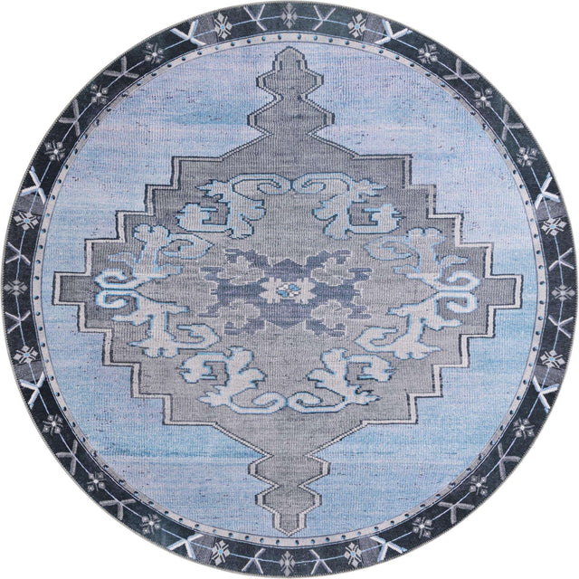 Washable Blue Gray 7' 7 x 7' 7 Timeless Round Area Rug Easy to Clean Stain Resistant & Durable Traditional Classic Vintage Design Carpet for Sale at Rug Engine