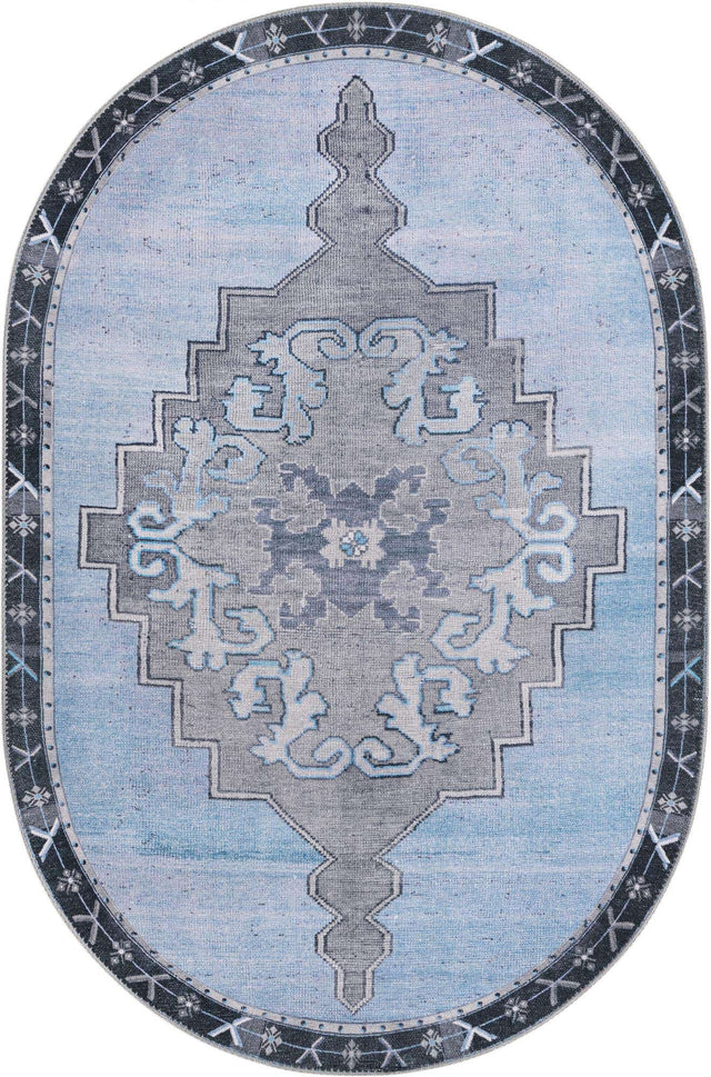 Washable Blue Gray 4' x 6' Timeless Oval Area Rug Easy to Clean Stain Resistant & Durable Traditional Classic Vintage Design Carpet for Sale at Rug Engine