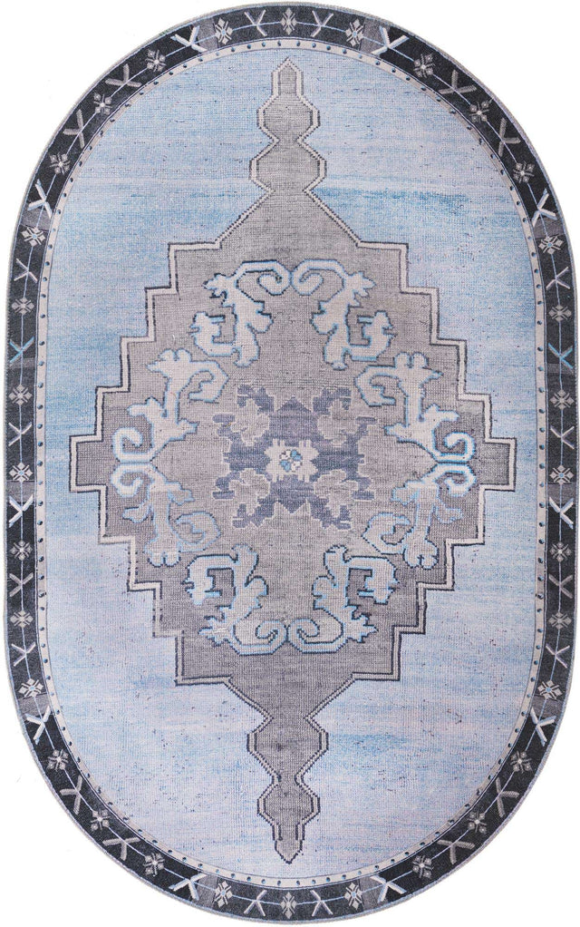 Washable Blue Gray 5' x 8' Timeless Oval Area Rug Easy to Clean Stain Resistant & Durable Traditional Classic Vintage Design Carpet for Sale at Rug Engine