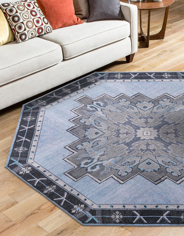 Washable Blue Gray 5' x 5' Timeless Octagon Area Rug Easy to Clean Stain Resistant & Durable Traditional Classic Vintage Design Carpet for Sale at Rug Engine