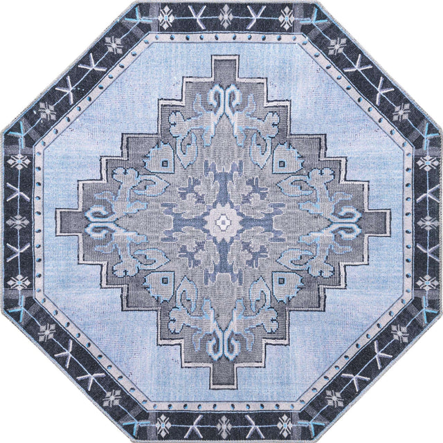Washable Blue Gray 5' x 5' Timeless Octagon Area Rug Easy to Clean Stain Resistant & Durable Traditional Classic Vintage Design Carpet for Sale at Rug Engine