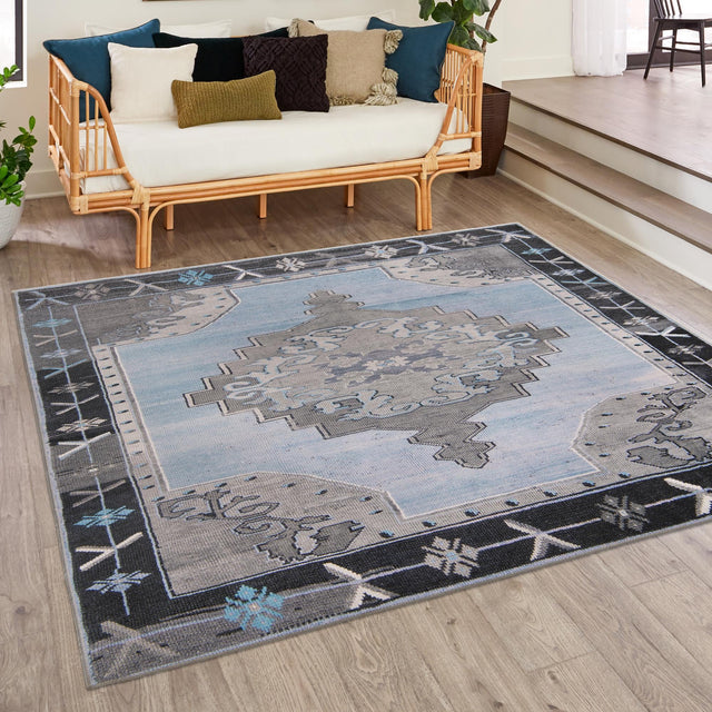 Washable Blue Gray 7' 6 x 7' 6 Timeless Square Area Rug Easy to Clean Stain Resistant & Durable Traditional Classic Vintage Design Carpet for Sale at Rug Engine