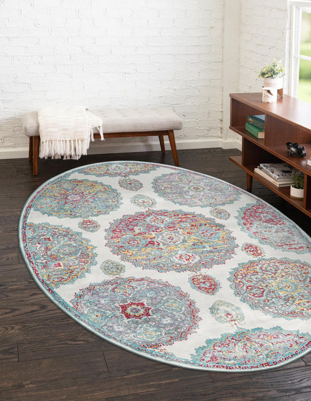Cream 5' 5 x 8' Paragon Oval Area Rug 100% Polypropylene Colorful Vivid Boho Style Modern Carpet for Unique Interiors for Sale at Rug Engine